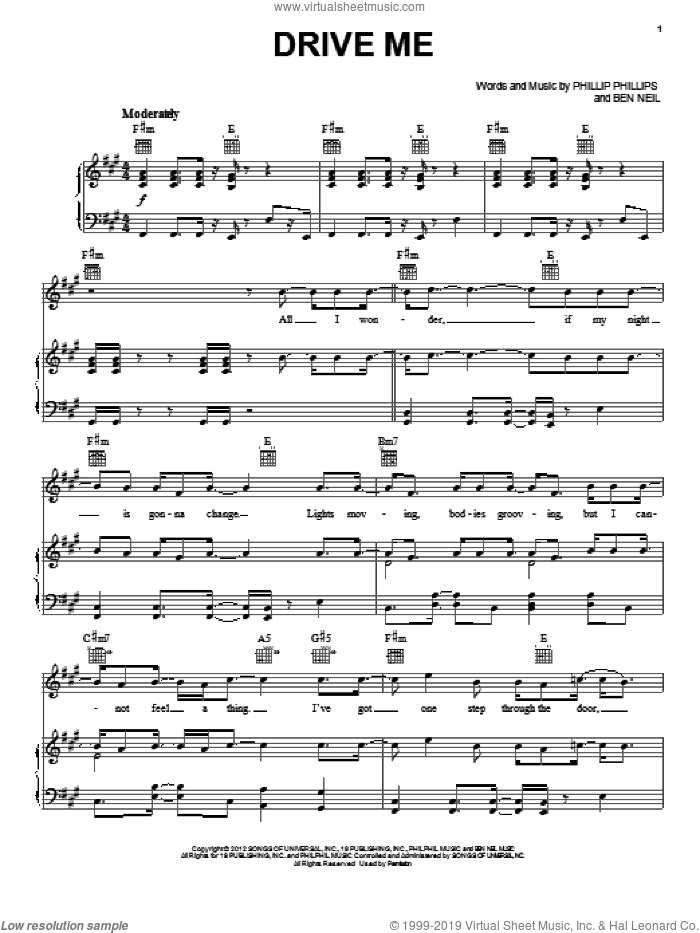 Drive Me sheet music for voice, piano or guitar by Phillip Phillips, intermediate skill level