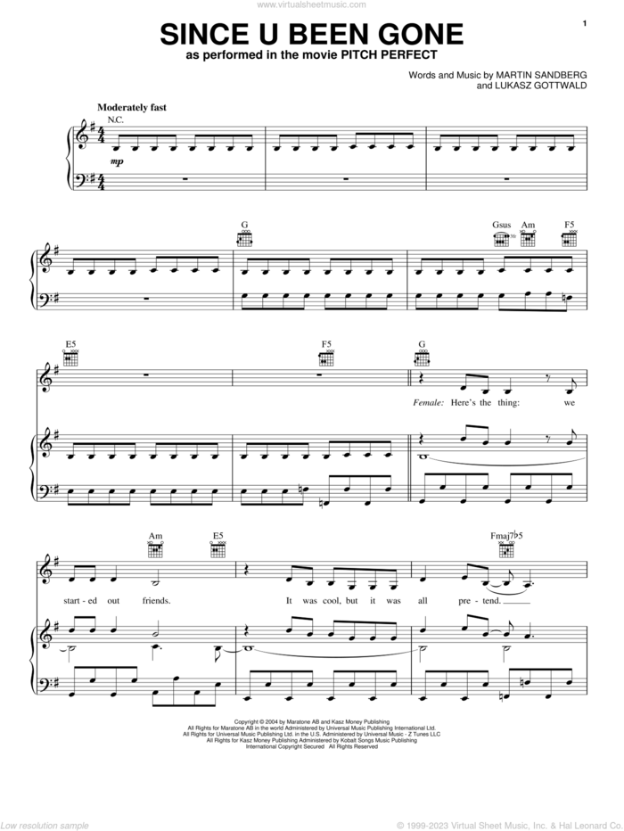 Since U Been Gone sheet music for voice, piano or guitar by Kelly Clarkson, Anna Kendrick and Pitch Perfect (Movie), intermediate skill level