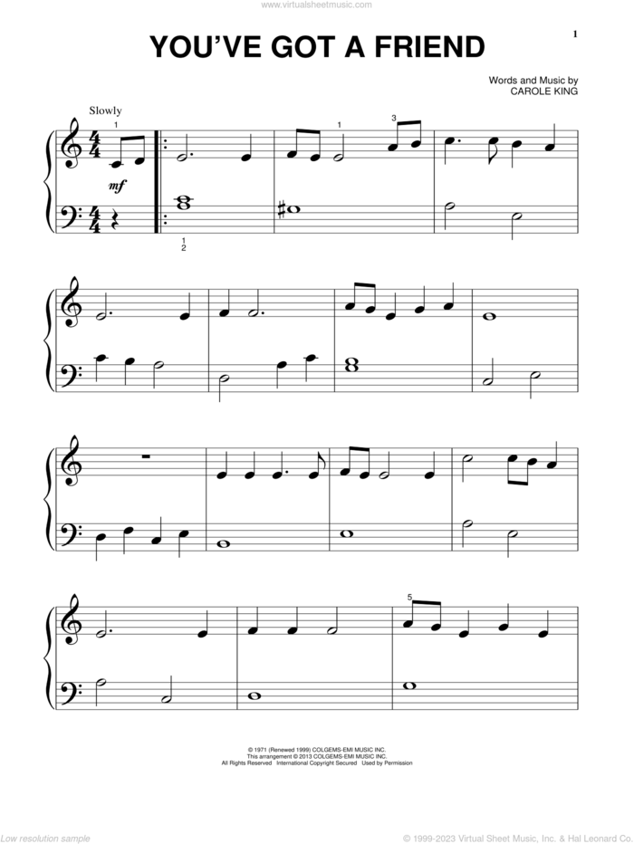 You've Got A Friend sheet music for piano solo by Carole King and James Taylor, beginner skill level