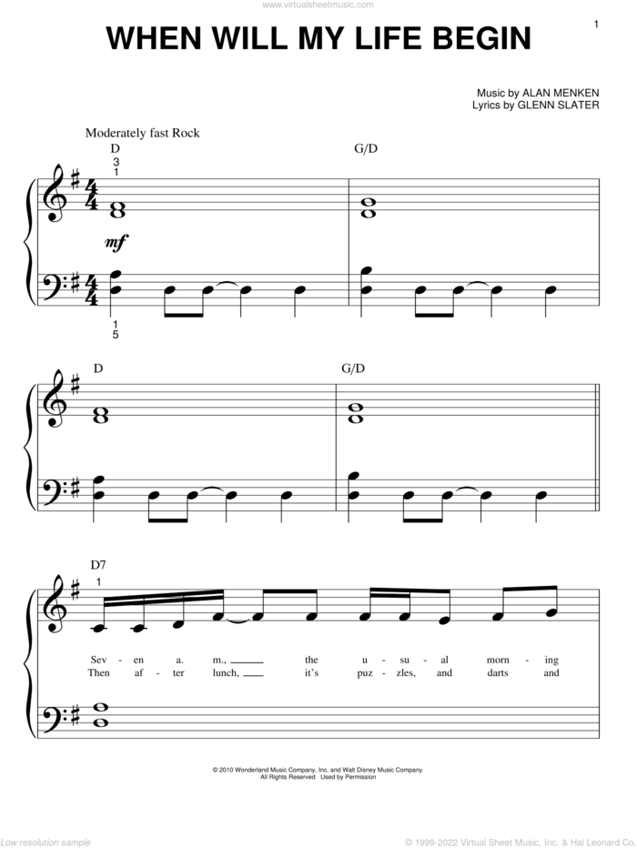 When Will My Life Begin? (from Tangled) sheet music for piano solo (big note book) by Alan Menken, Mandy Moore, Glenn Slater and Tangled (Movie), easy piano (big note book)