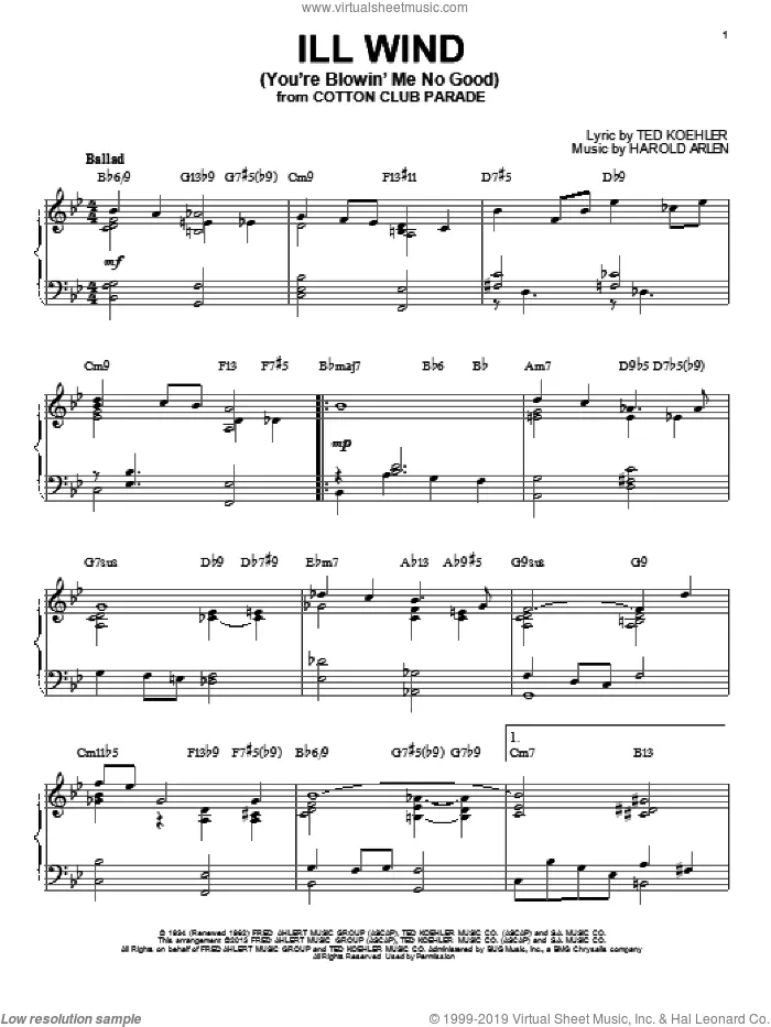 Ill Wind (You're Blowin' Me No Good) [Jazz version] (arr. Brent Edstrom) sheet music for piano solo by Ted Koehler and Harold Arlen, intermediate skill level