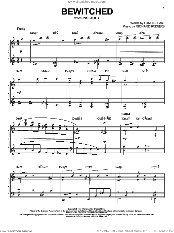 Bewitched [Jazz version] (arr. Brent Edstrom) sheet music for piano solo by Rodgers & Hart, Lorenz Hart and Richard Rodgers, intermediate skill level