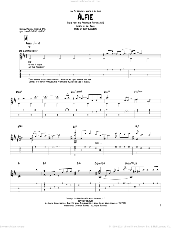 Alfie sheet music for guitar (tablature) by Pat Metheny, Burt Bacharach and Hal David, intermediate skill level