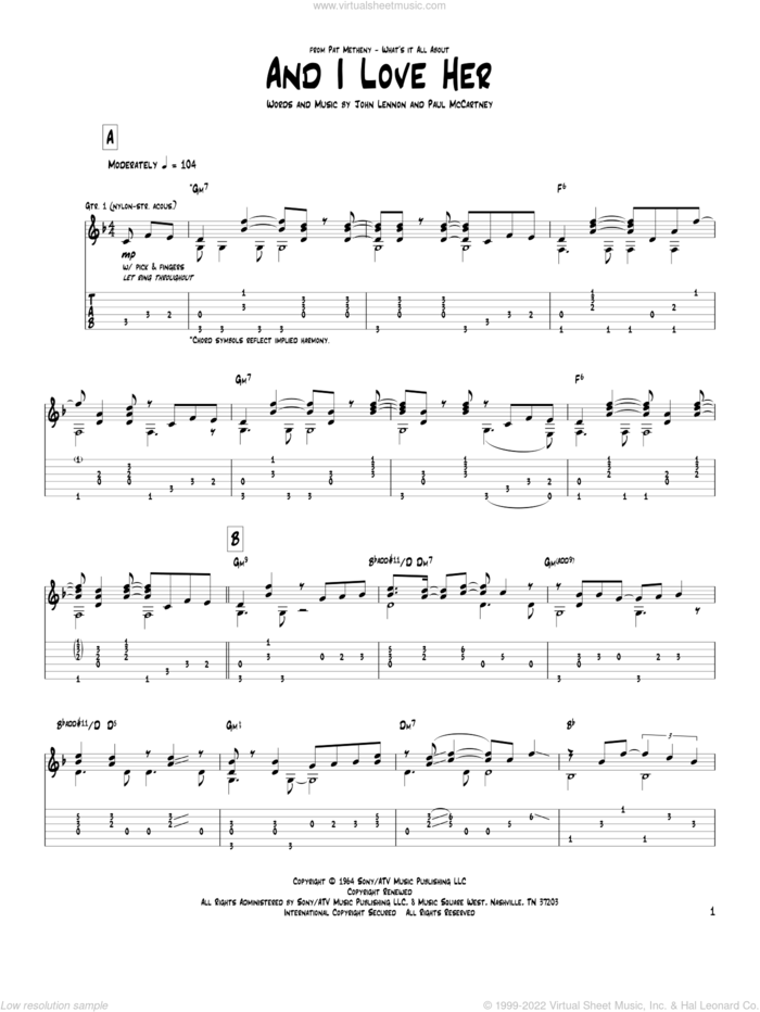 And I Love Her sheet music for guitar (tablature) by Pat Metheny and The Beatles, intermediate skill level