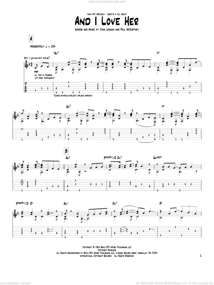 And I Love Her sheet music for guitar (tablature) by Pat Metheny and The Beatles, intermediate skill level