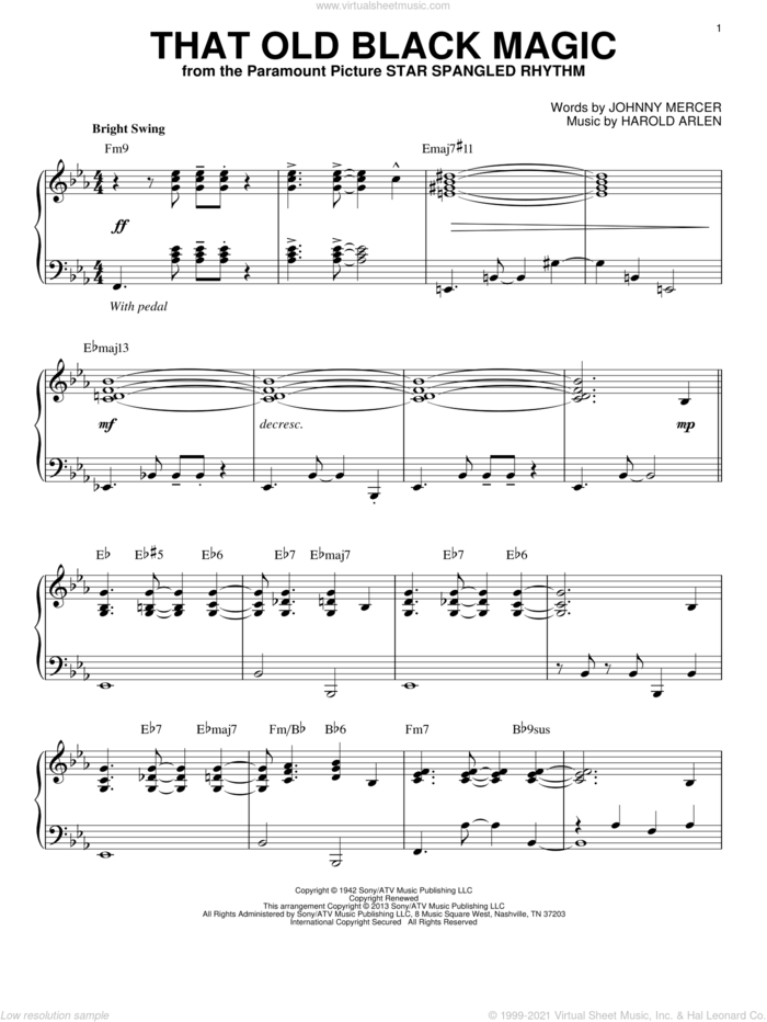 That Old Black Magic [Jazz version] (arr. Brent Edstrom) sheet music for piano solo by Johnny Mercer and Harold Arlen, intermediate skill level