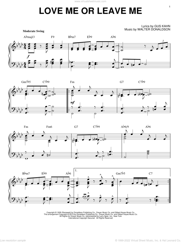 Love Me Or Leave Me [Jazz version] (arr. Brent Edstrom) sheet music for piano solo by Dave Pell, intermediate skill level