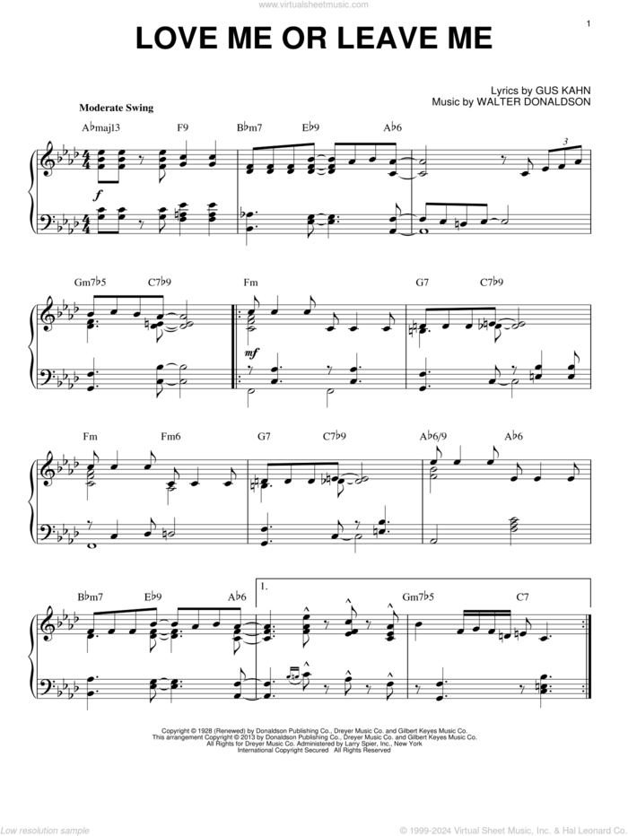 Love Me Or Leave Me [Jazz version] (arr. Brent Edstrom) sheet music for piano solo by Dave Pell, intermediate skill level