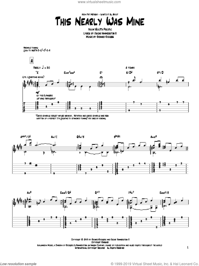 This Nearly Was Mine sheet music for guitar (tablature) by Pat Metheny and Rodgers & Hammerstein, intermediate skill level