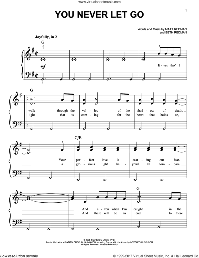 You Never Let Go sheet music for piano solo by Matt Redman and Beth Redman, easy skill level