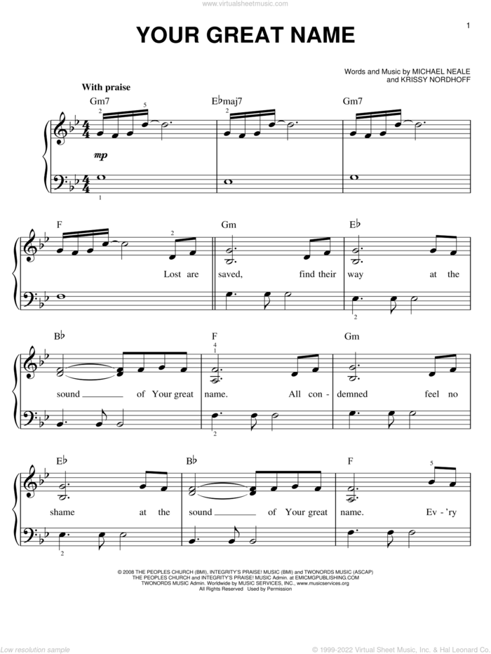 Your Great Name sheet music for piano solo by Natalie Grant, easy skill level