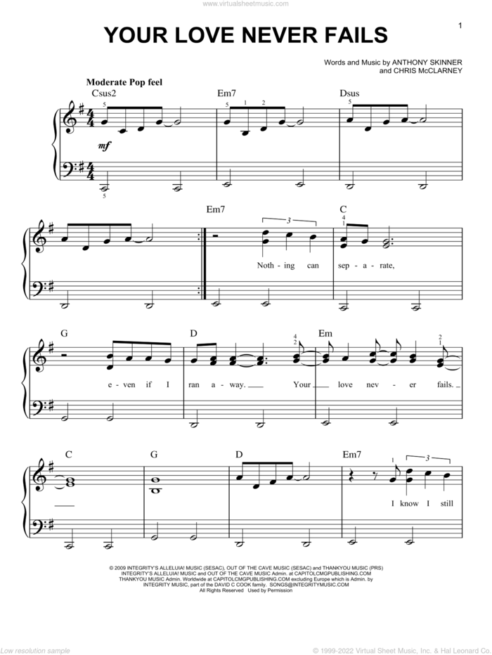 Your Love Never Fails sheet music for piano solo by Jesus Culture, Anthony Skinner and Chris McClarney, easy skill level