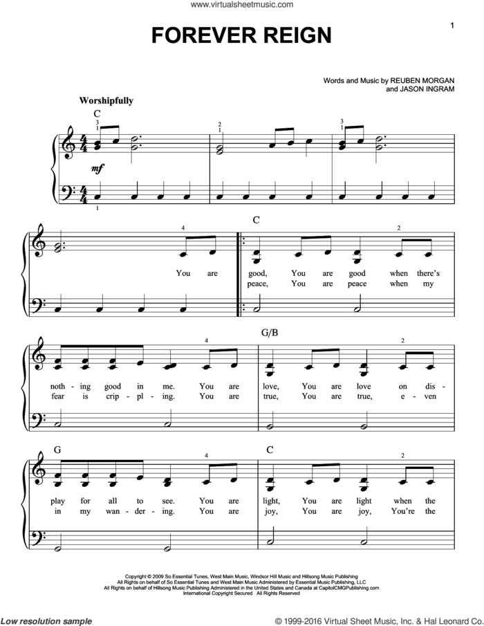 Forever Reign sheet music for piano solo by Jason Ingram, Hillsong Worship and Reuben Morgan, easy skill level