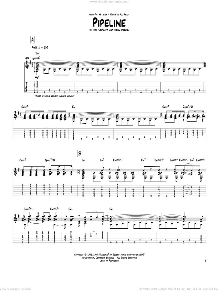 Pipeline sheet music for guitar (tablature) by Pat Metheny and The Chantays, intermediate skill level