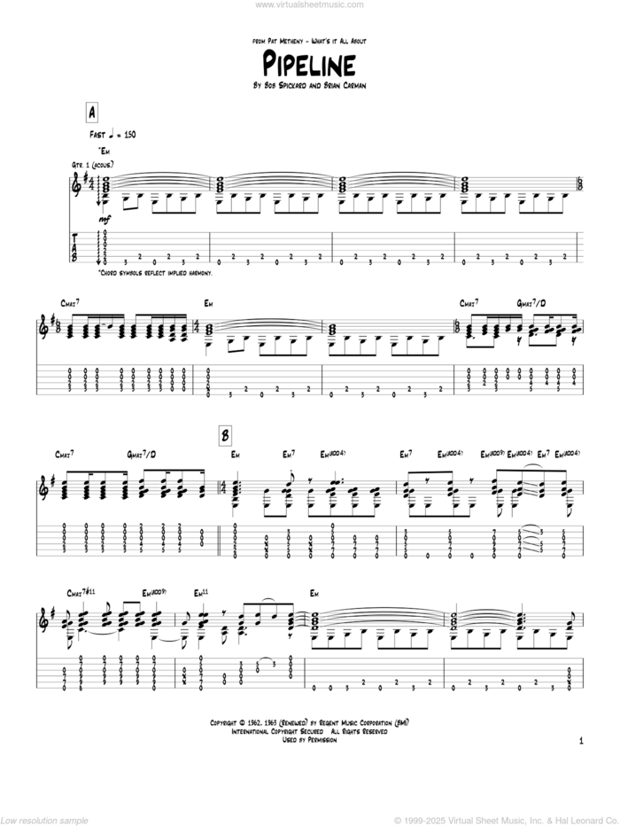 Pipeline sheet music for guitar (tablature) by Pat Metheny and The Chantays, intermediate skill level