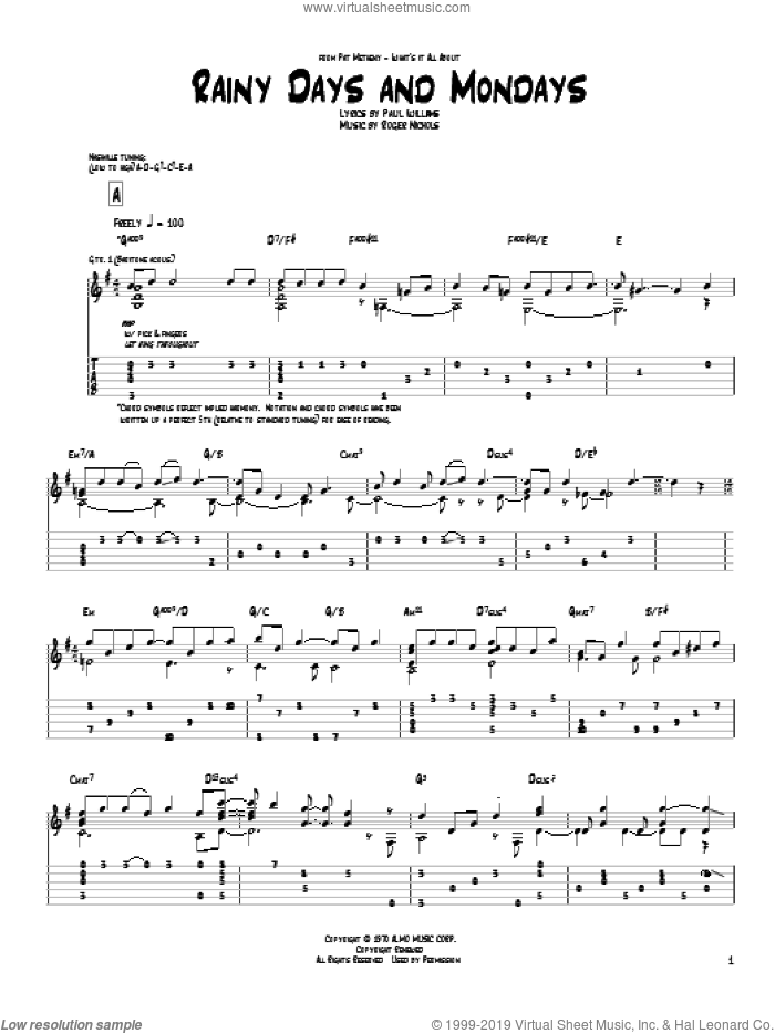 Rainy Days And Mondays sheet music for guitar (tablature) by Pat Metheny and Carpenters, intermediate skill level