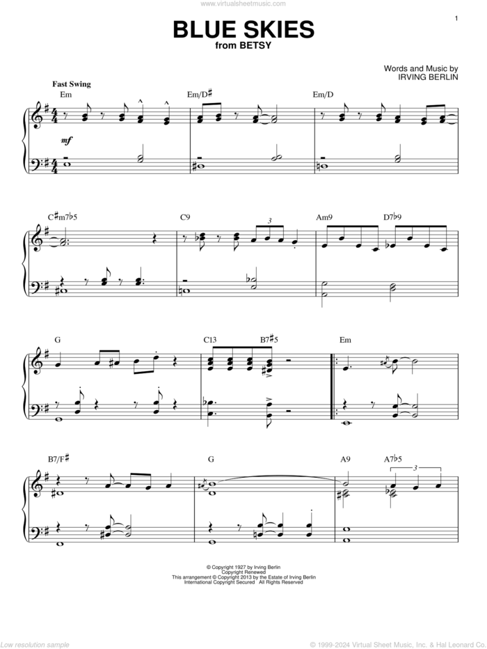 Blue Skies [Jazz version] (arr. Brent Edstrom) sheet music for piano solo by Irving Berlin, intermediate skill level