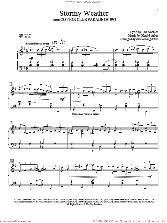 Stormy Weather (Keeps Rainin' All The Time) sheet music for piano solo (elementary) by Harold Arlen and Eric Baumgartner, beginner piano (elementary)