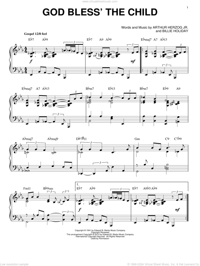 God Bless' The Child [Jazz version] (arr. Brent Edstrom) sheet music for piano solo by Arthur Herzog Jr. and Billie Holiday, intermediate skill level