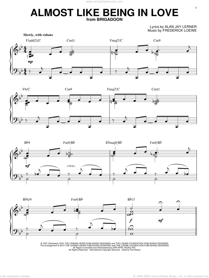 Almost Like Being In Love [Jazz version] (arr. Brent Edstrom) sheet music for piano solo by Gene Kelly and David Brooks and Marion Bell, intermediate skill level