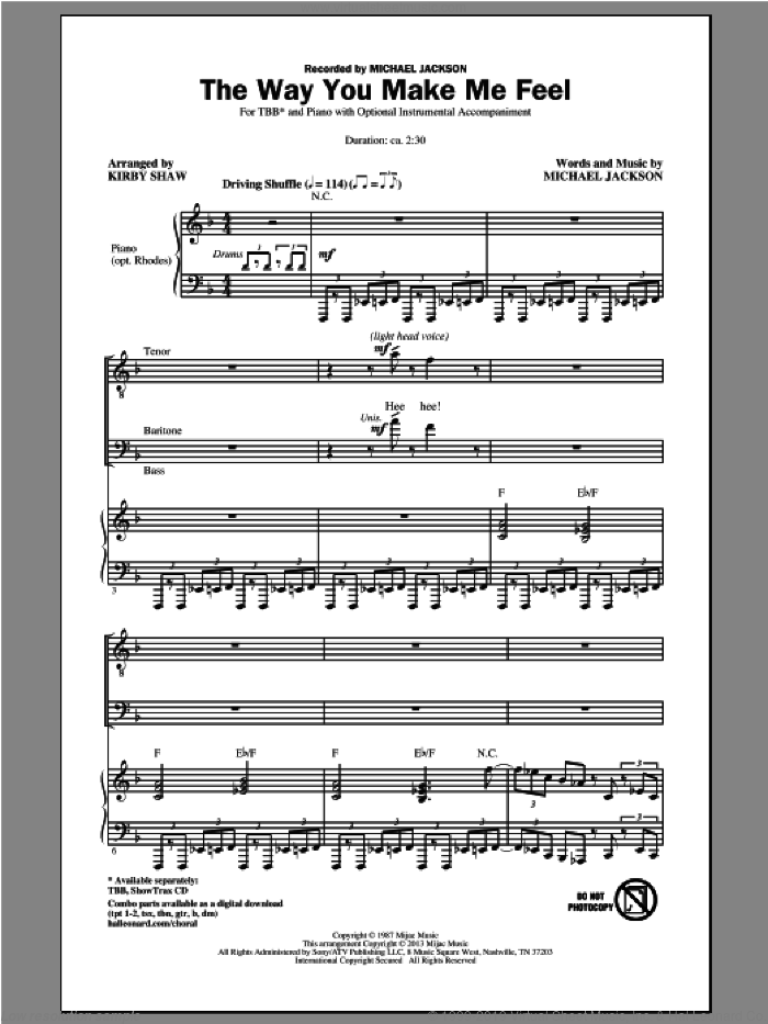 The Way You Make Me Feel sheet music for choir (TBB: tenor, bass) by Kirby Shaw and Michael Jackson, intermediate skill level