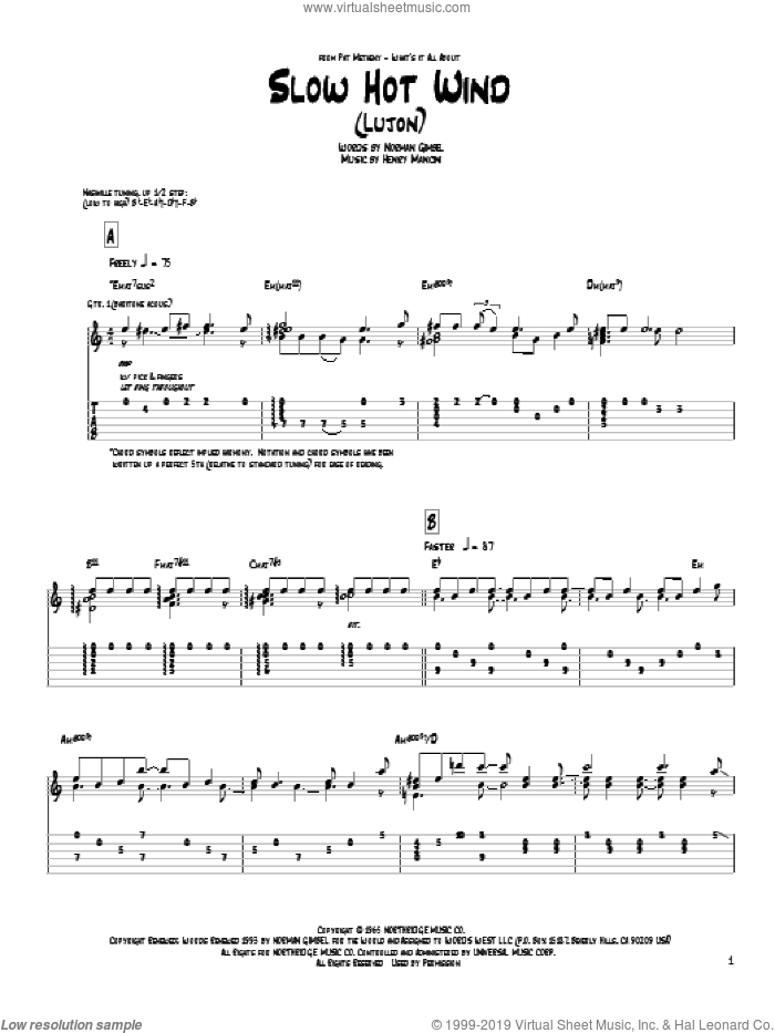 Slow Hot Wind (Lujon) sheet music for guitar (tablature) by Pat Metheny, Henry Mancini and Norman Gimbel, intermediate skill level