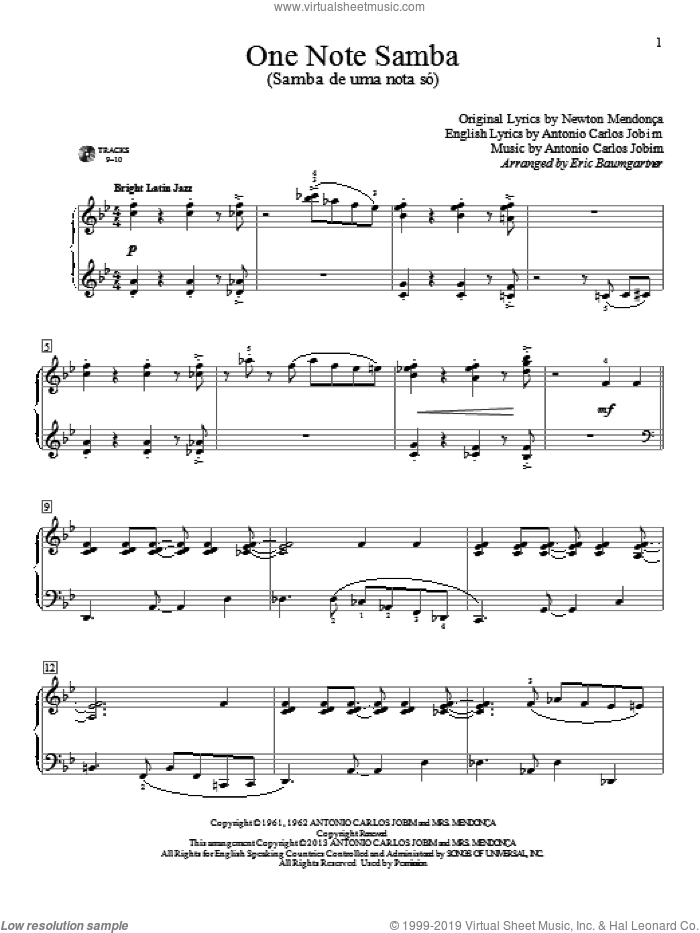 One Note Samba (Samba De Uma Nota So) sheet music for piano solo (elementary) by Eric Baumgartner, Newton Mendonca and Pat Thomas, beginner piano (elementary)