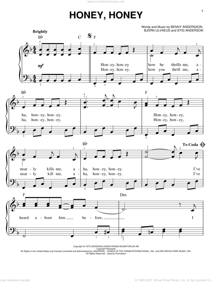 Honey, Honey sheet music for piano solo by ABBA, Mamma Mia! (Musical), Benny Andersson, Bjorn Ulvaeus and Stig Anderson, easy skill level