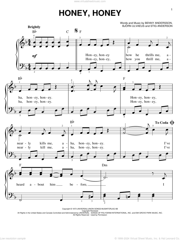 Honey, Honey, (easy) sheet music for piano solo by ABBA, Mamma Mia! (Musical), Benny Andersson, Bjorn Ulvaeus and Stig Anderson, easy skill level