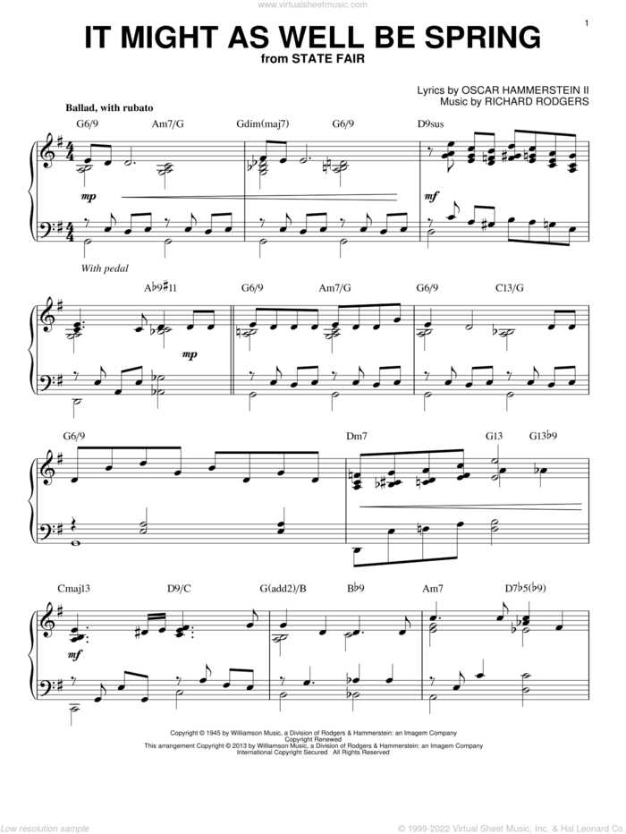 It Might As Well Be Spring [Jazz version] (arr. Brent Edstrom) sheet music for piano solo by Rodgers & Hammerstein, Oscar II Hammerstein and Richard Rodgers, intermediate skill level