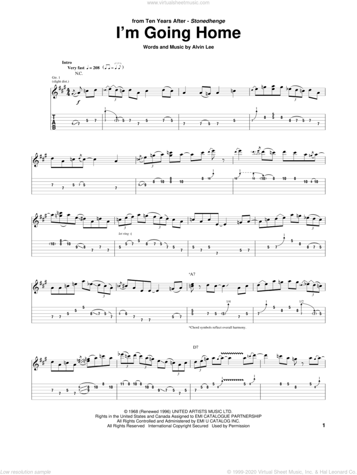 I'm Going Home sheet music for guitar (tablature) by Ten Years After and Alvin Lee, intermediate skill level