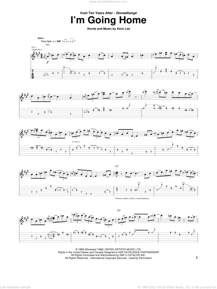 I'm Going Home sheet music for guitar (tablature) by Ten Years After and Alvin Lee, intermediate skill level