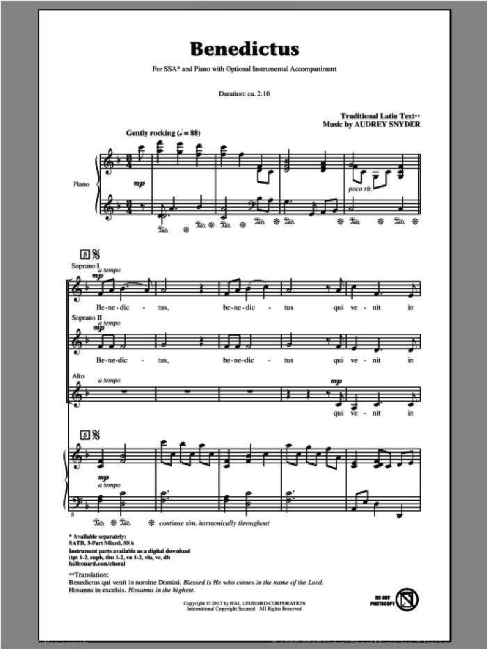 Benedictus sheet music for choir (SSA: soprano, alto) by Audrey Snyder, intermediate skill level