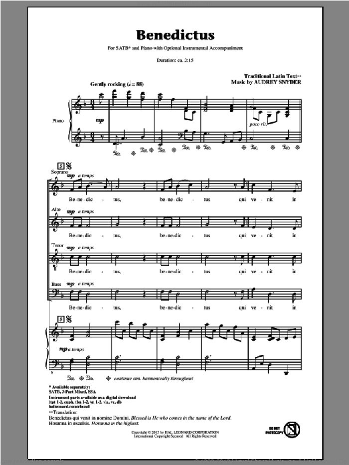 Benedictus sheet music for choir (SATB: soprano, alto, tenor, bass) by Audrey Snyder, intermediate skill level