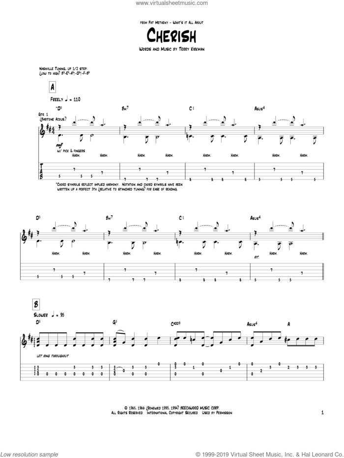 Cherish sheet music for guitar (tablature) by Pat Metheny, David Cassidy and The Association, intermediate skill level