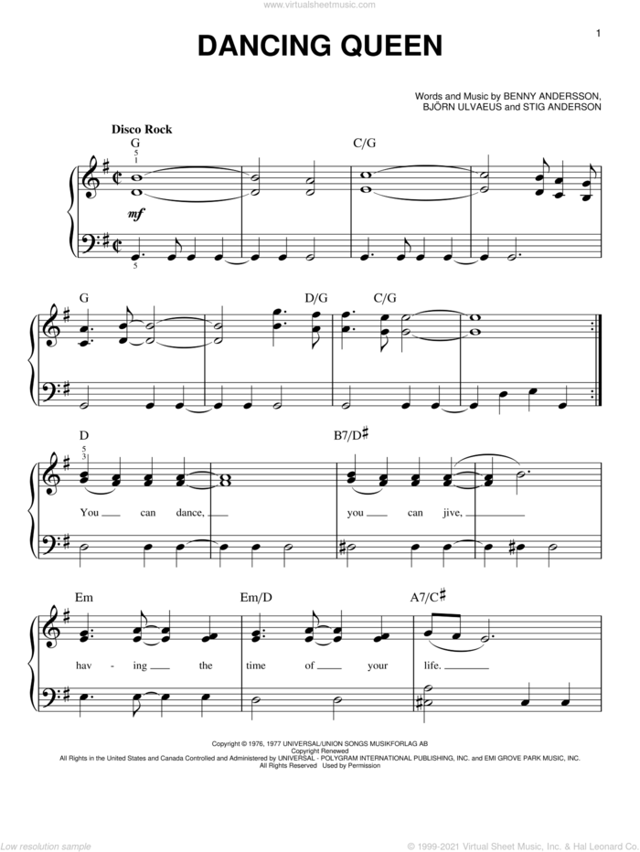 Dancing Queen, (easy) sheet music for piano solo by ABBA, Mamma Mia! (Movie), Mamma Mia! (Musical), Benny Andersson, Bjorn Ulvaeus and Stig Anderson, easy skill level
