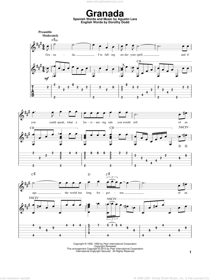 Granada sheet music for guitar solo by Agustin Lara and Katherine Jenkins, intermediate skill level