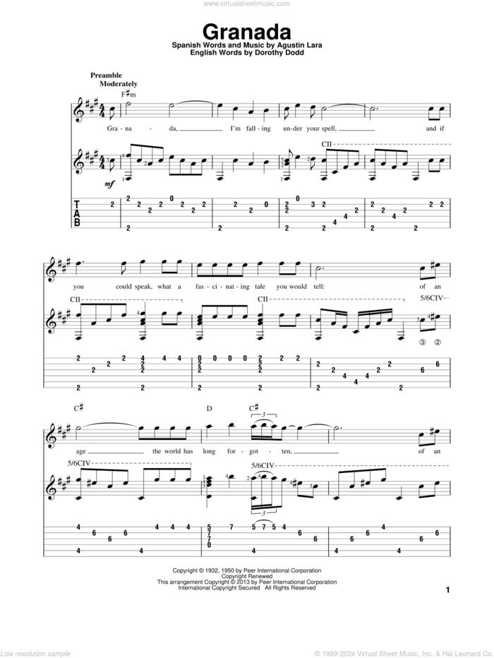 Granada sheet music for guitar solo by Agustin Lara and Katherine Jenkins, intermediate skill level