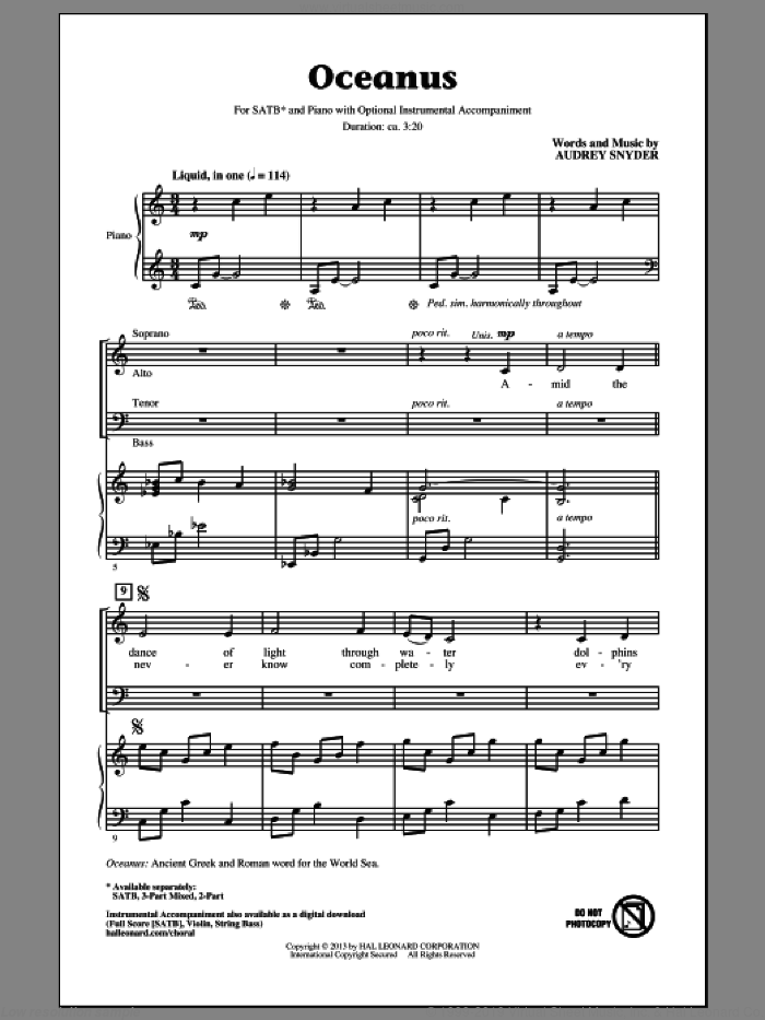 Oceanus sheet music for choir (SATB: soprano, alto, tenor, bass) by Audrey Snyder, intermediate skill level