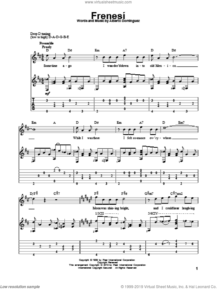 Frenesi sheet music for guitar solo by Artie Shaw and Alberto Dominguez, intermediate skill level