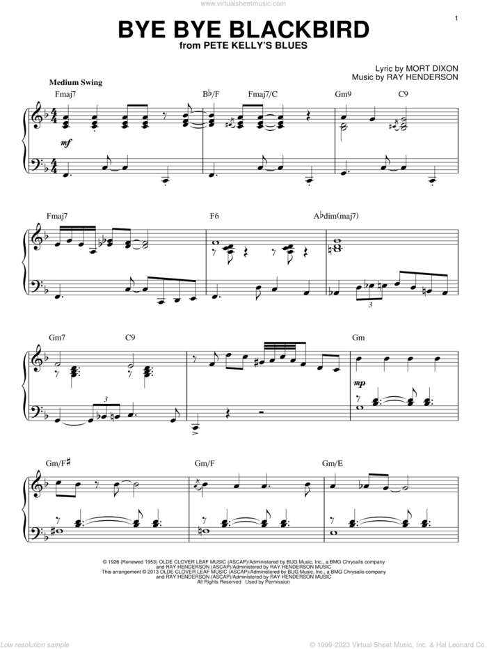 Bye Bye Blackbird [Jazz version] (arr. Brent Edstrom) sheet music for piano solo by Mort Dixon and Ray Henderson, intermediate skill level