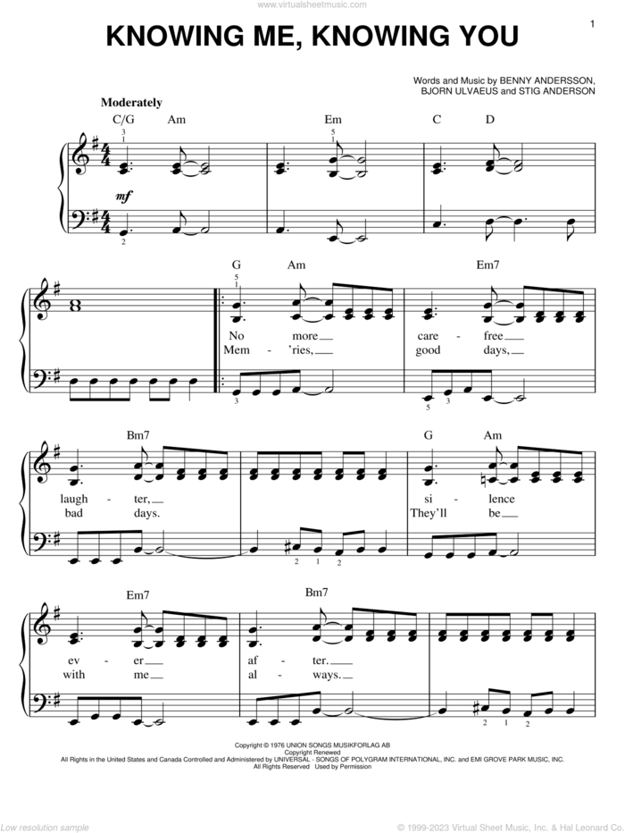 Knowing Me, Knowing You, (easy) sheet music for piano solo by ABBA, Mamma Mia! (Musical), Benny Andersson, Bjorn Ulvaeus and Stig Anderson, easy skill level