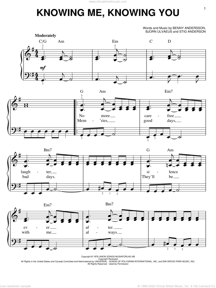 Knowing Me, Knowing You, (easy) sheet music for piano solo by ABBA, Mamma Mia! (Musical), Benny Andersson, Bjorn Ulvaeus and Stig Anderson, easy skill level