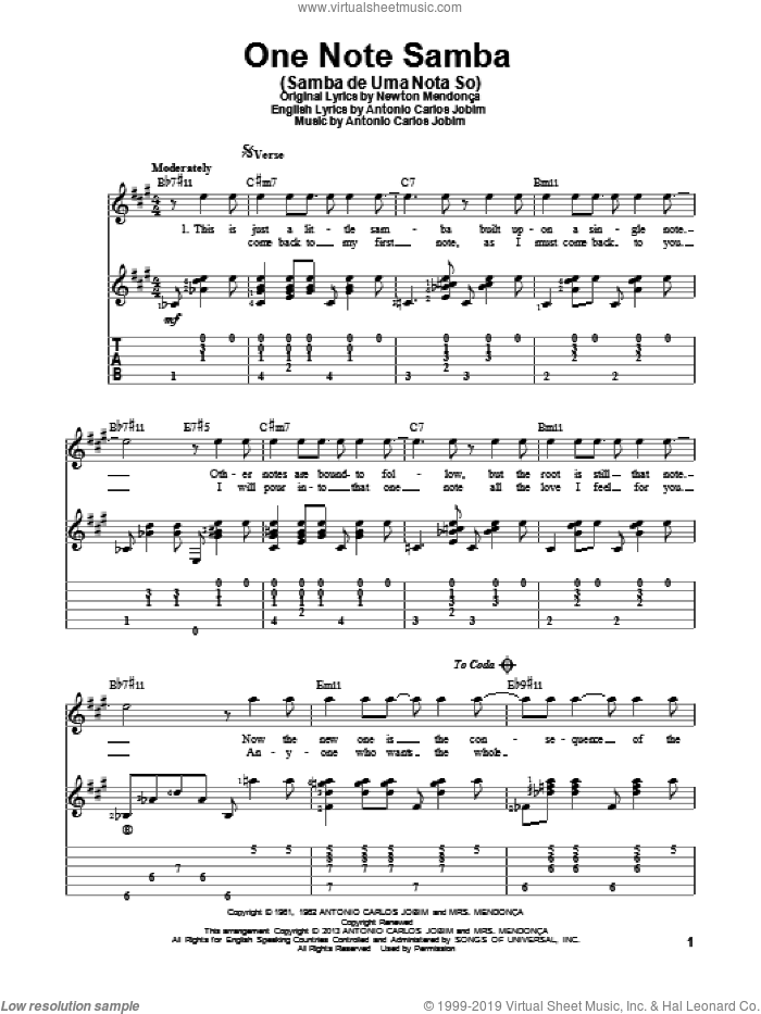 One Note Samba (Samba De Uma Nota So) sheet music for guitar solo by Antonio Carlos Jobim, intermediate skill level