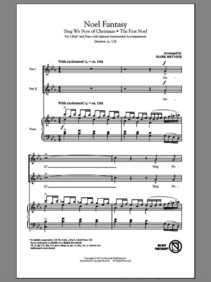 Noel Fantasy sheet music for choir (2-Part) by Mark Brymer, intermediate duet