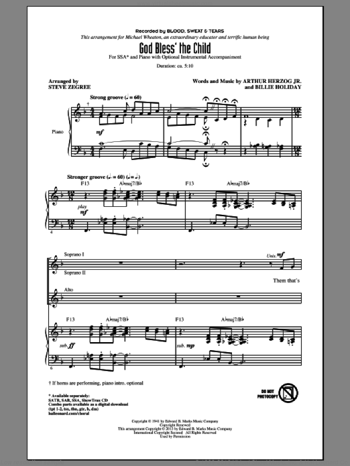 God Bless' The Child (arr. Steve Zegree) sheet music for choir (SSA: soprano, alto) by Blood, Sweat & Tears, Arthur Herzog Jr., Billie Holiday and Steve Zegree, intermediate skill level