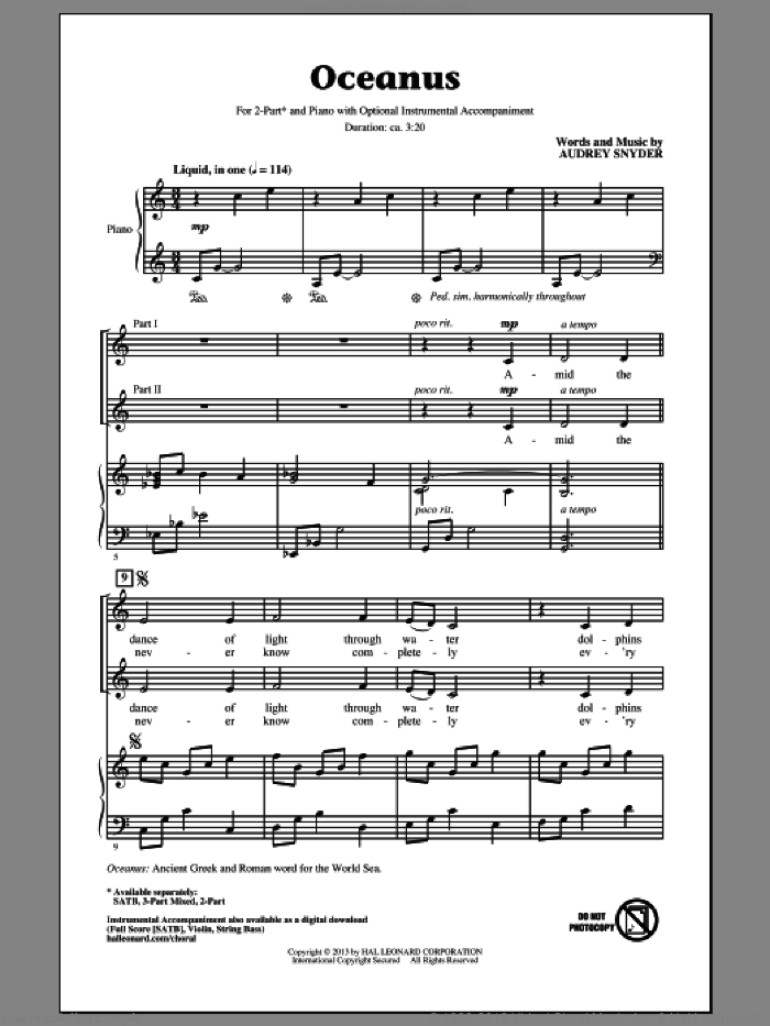Oceanus sheet music for choir (2-Part) by Audrey Snyder, intermediate duet
