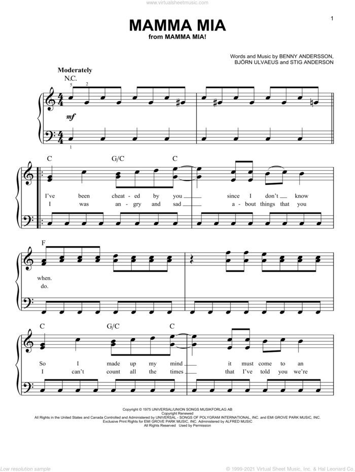 Mamma Mia, (easy) sheet music for piano solo by ABBA, Mamma Mia! (Movie), Mamma Mia! (Musical), Benny Andersson, Bjorn Ulvaeus and Stig Anderson, easy skill level