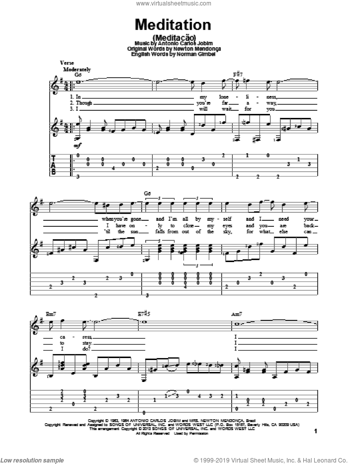 Meditation (Meditacao), (intermediate) sheet music for guitar solo by Antonio Carlos Jobim, intermediate skill level