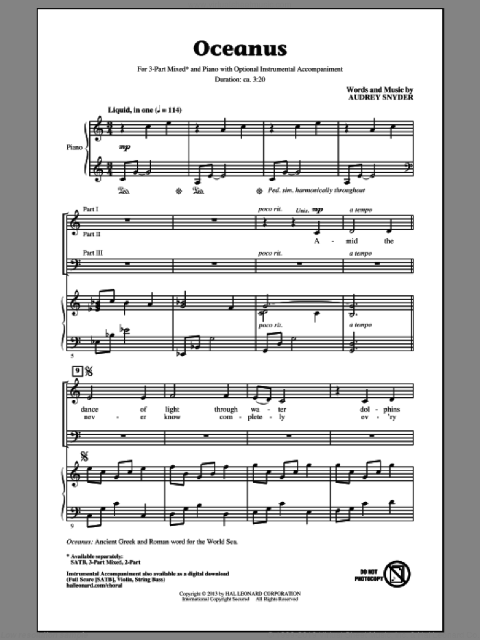 Oceanus sheet music for choir (3-Part Mixed) by Audrey Snyder, intermediate skill level